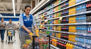 Una empleada de supermercado con uniforme azul coloca botellas de bebidas naranjas en un carrito, frente a estanterías llenas de gaseosas y aguas embotelladas.