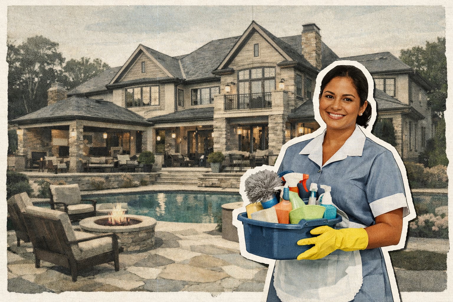 Collage of a large luxury house photo in the background and a small cut-out domestic worker in foreground, white cut-out border, layered paper textures, red paint mark crossing the scene, editorial illustration style, newspaper collage aesthetic, slightly desaturated colors, no text- crédito VisualesIA