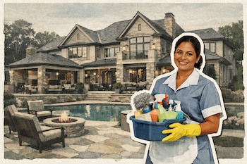 Collage de una trabajadora doméstica sonriente con guantes y cesta de limpieza, superpuesta sobre una lujosa mansión con piscina y área de ocio exterior.