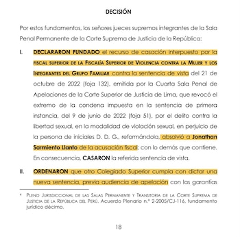Página de un documento judicial de la Corte Suprema de Perú con líneas de texto seleccionadas y resaltadas con fondo amarillo
