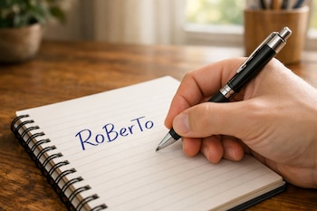 Primer plano de una mano diestra sosteniendo un bolígrafo negro y escribiendo la palabra 'RoBerTo' en un cuaderno rayado sobre una mesa de madera clara.