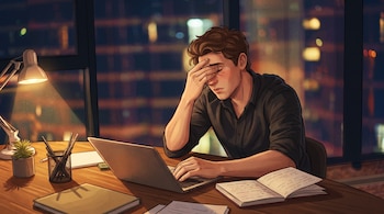 Ilustración de un hombre sentado frente a una computadora portátil de noche, con la mano en el rostro y cuadernos en la mesa.