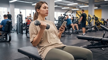Una mujer sentada en un banco de gimnasio sostiene una mancuerna gris y un teléfono inteligente mientras otras personas entrenan de fondo.