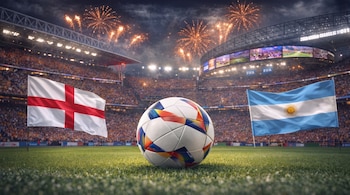Estadio de fútbol lleno de gente, cancha de césped, balón de fútbol blanco y de colores, bandera de Inglaterra, bandera de Argentina, fuegos artificiales, pantallas gigantes.