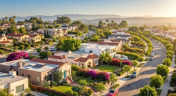 Vista aérea de un vecindario soleado con casas de tejas rojas y jardines exuberantes, calles curvadas, palmeras y montañas al fondo bajo un cielo claro.