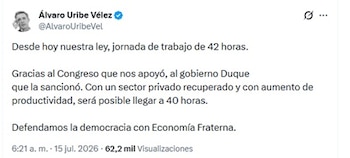 Uribe se refirió a la nueva medida la mañana del miércoles 15 de julio de 2026 vía X - crédito @AlvaroUribeVel/X