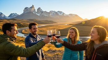 Cuatro personas sonrientes, dos hombres y dos mujeres, brindan con copas de vino tinto en un paisaje montañoso nevado al atardecer. El sol brilla por la derecha.
