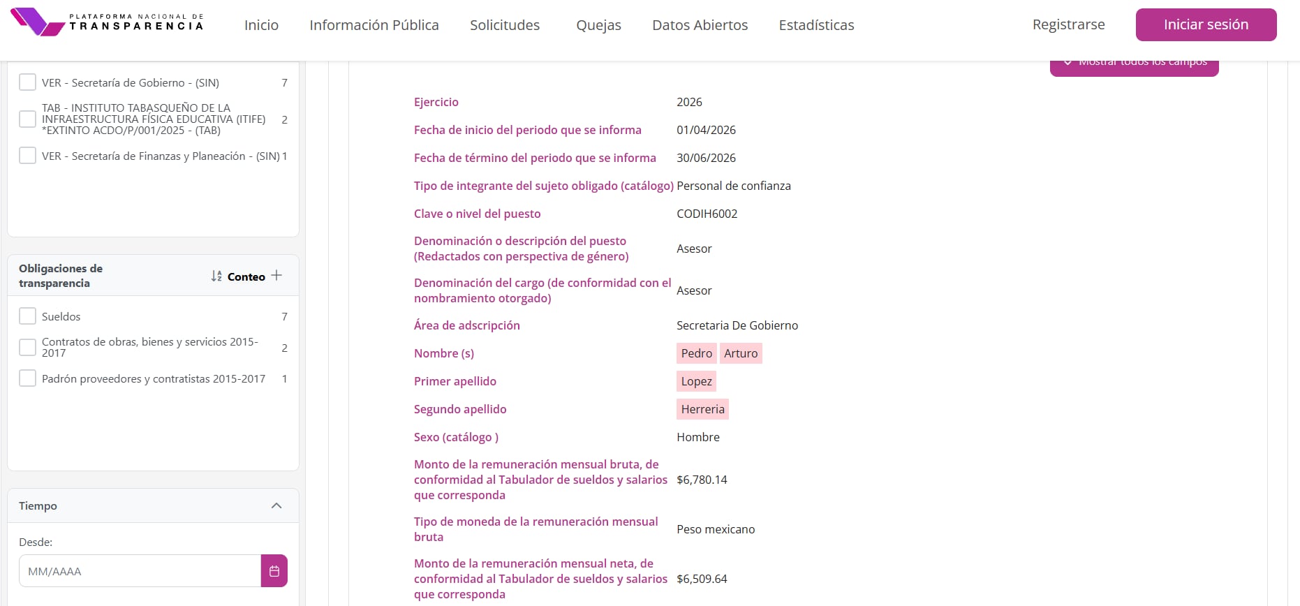 Pedro Arturo está adscrito como asesor en la Secretaría de Gobierno, donde le pagan más de seis mil pesos. (Portal de Transparencia)