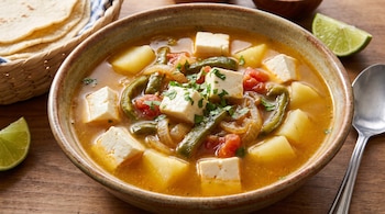 Un plato hondo de sopa con cubos de queso, tiras de chile verde y papa, servido junto a un canasto con tortillas y gajos de limón.