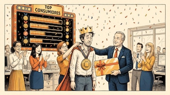 Dibujo de un hombre con corona y medalla al que un hombre de traje entrega un paquete, rodeados de personas que aplauden y un marcador digital.