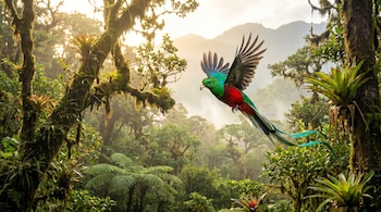 Un quetzal resplandeciente, de plumaje verde, rojo y azul turquesa, vuela hacia la derecha en un bosque nuboso con árboles frondosos y montañas de fondo.