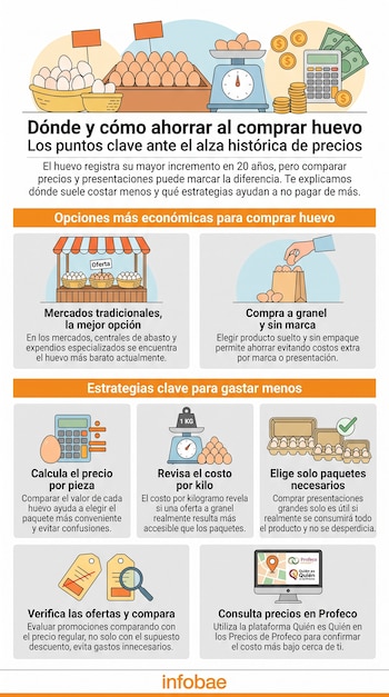 Infografía con ilustraciones de canastas de huevos, balanzas, calculadoras y cuadros explicativos con recomendaciones de compra.