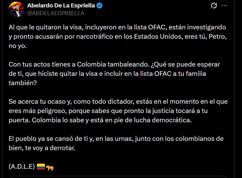 Abelardo de la Espriella hizo alusión a las consecuencias internacionales que han enfrentado algunas figuras políticas y sus allegados, en medio del debate sobre la legitimidad de los señalamientos - crédito @ABDELAESPRIELLA/X