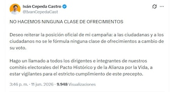 Iván Cepeda rechazó las acusaciones sobre una presunta compra de votos y aseguró que su campaña no realiza ofrecimientos a los ciudadanos a cambio de apoyo electoral - crédito @IvanCepedaCast/X