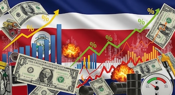 Bandera de Costa Rica de fondo con billetes de dólar, surtidores de combustible, barriles de petróleo, medidor de combustible, explosiones y gráficos económicos.
