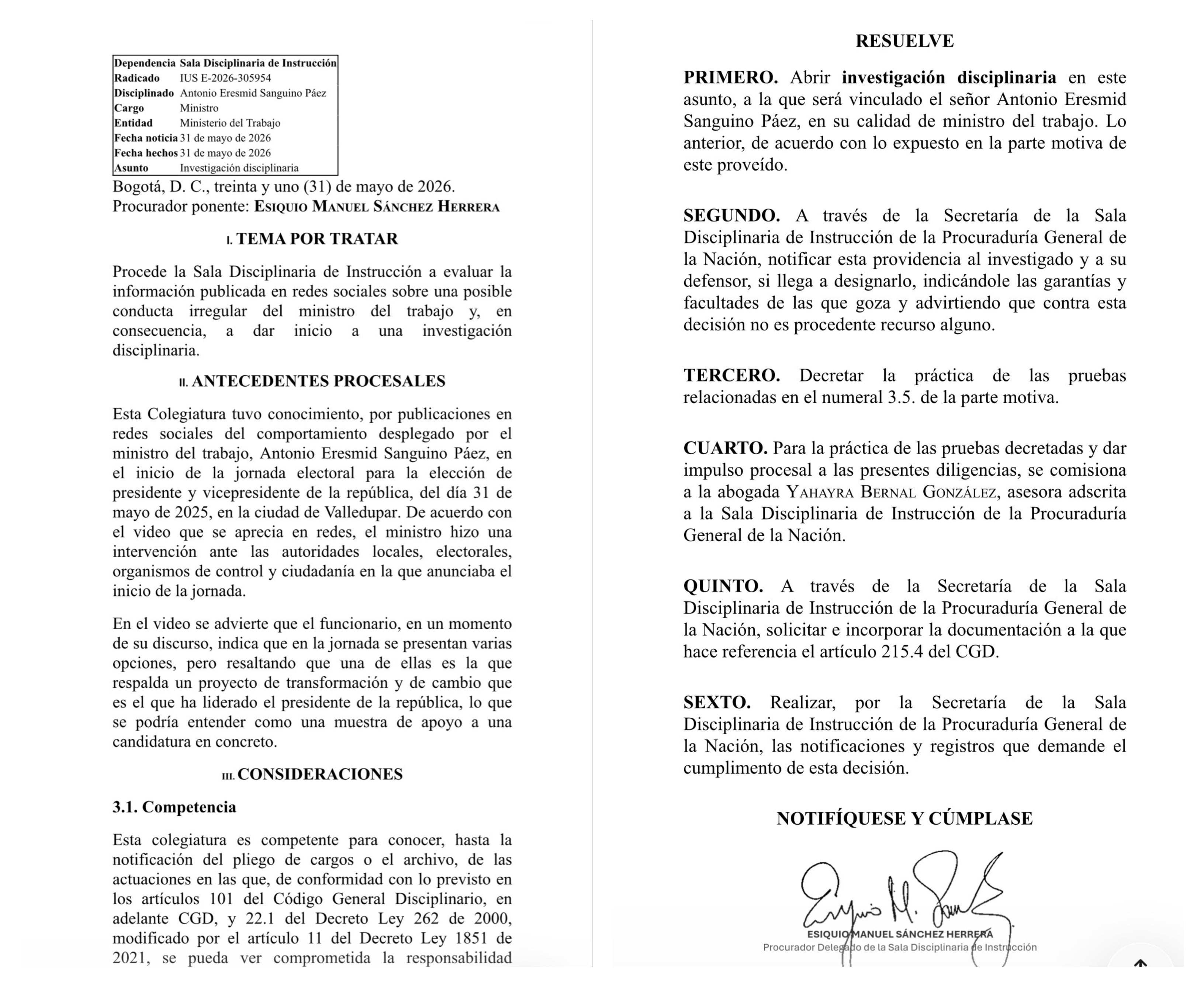 La Procuraduría abrió una investigación contra el ministro de Trabajo, Antonio Sanguino - crédito Procuraduría