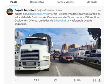La entrada de Bogotá por Fontibón presenta congestión por un vehículo de carga pesada varado - crédito @BogotaTransito/X
