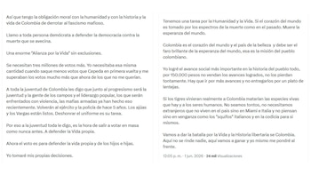 El presidente hizo un llamado a los jóvenes y a la población rural para que voten masivamente por la defensa de la vida en Colombia - crédito @petrogustavo/X