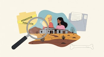 Una lupa, un paisaje árido con una casa, dos mujeres, una carpeta amarilla con cinta 'PERADUTION', una carpeta gris con documentos, un hueso.