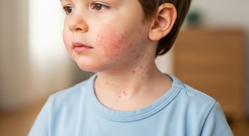 Primer plano de un niño con cabello castaño y camiseta azul, mostrando una erupción cutánea roja en sus mejillas, mandíbula y cuello.