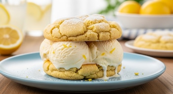 Sándwich con dos galletas de limón y tres bolas de helado de limón, con ralladura y azúcar glas. Hay limones y vasos de limonada en el fondo.