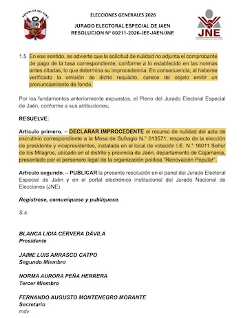 JEE rechaza pedido de nulidad de Renovación Popular