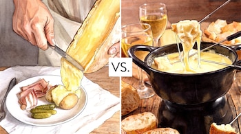 Ilustración en acuarela dividida en dos con las letras VS. A la izquierda hay raclette con patatas y a la derecha una fondue con pan.