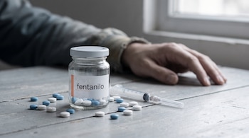 Frasco de fentanilo con pastillas blancas y azules, jeringa sin aguja, y más pastillas dispersas sobre una mesa de madera, con una mano adulta al fondo.