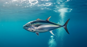 Atún adulto nadando en perfil lateral en aguas oceánicas profundas. Sus escamas son plateadas con destellos azulados. Rayos de luz se filtran desde la superficie.
