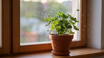Una planta verde en una maceta de barro sobre un repiso de madera, con pequeños mosquitos volando a su alrededor.