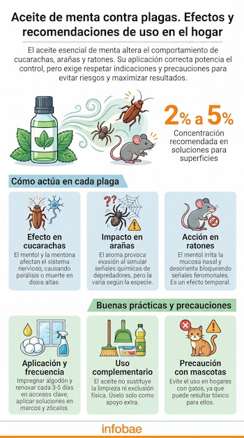 Infografía sobre el uso de aceite de menta contra plagas como cucarachas, arañas y ratones, con instrucciones y precauciones para el hogar, incluyendo aviso sobre gatos.