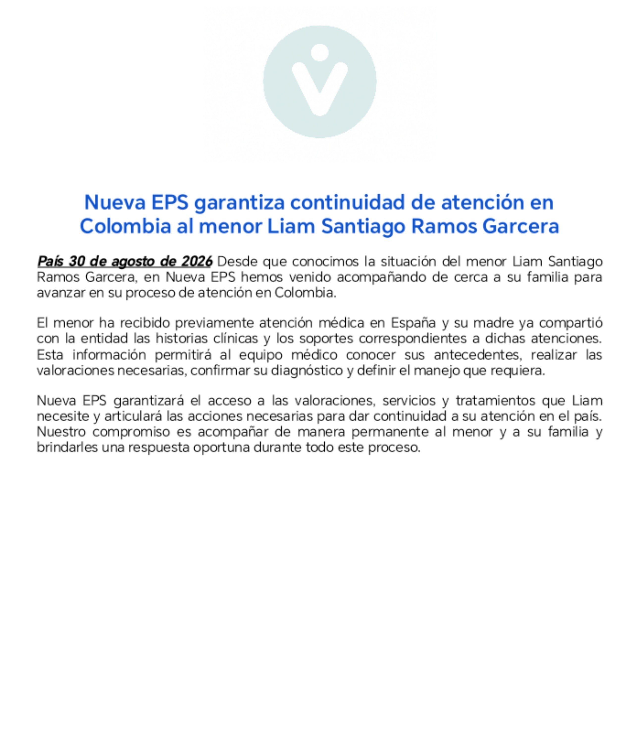 Nueva EPS informó que recibió las historias clínicas y los soportes de la atención que Liam Santiago recibió previamente en España para avanzar en su valoración médica. - crédito @NuevaEPSCol/X