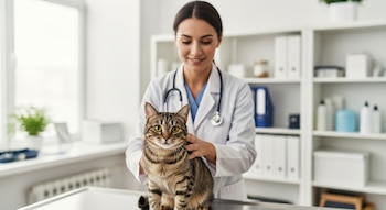 Un gato atigrado de mediana edad sobre una mesa de exploración. Un veterinario con guardapolvo blanco lo acaricia. Ambos miran a cámara en una clínica moderna y luminosa.