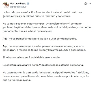Gustavo Petro, presidente de Colombia, insiste en que las elecciones presidenciales del 21 de junio hubo fraude - crédito @PetroGustavo/X
