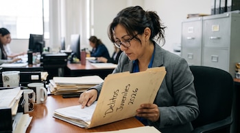 Una mujer con gafas examina un expediente rotulado Delitos Juveniles 2026 sobre un escritorio con tazas y hojas de papel.