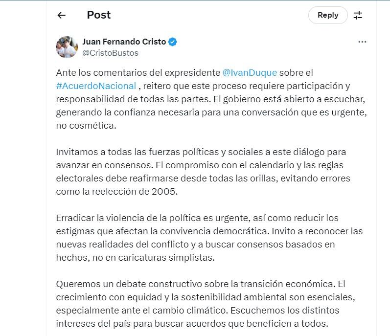 juan Fernando Cristo  defiende el acuerdo nacional del Gobierno - crédito @CristoBustos