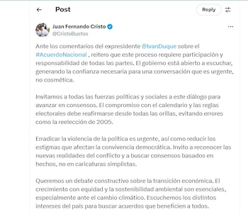 juan Fernando Cristo defiende el acuerdo nacional del Gobierno - crédito @CristoBustos