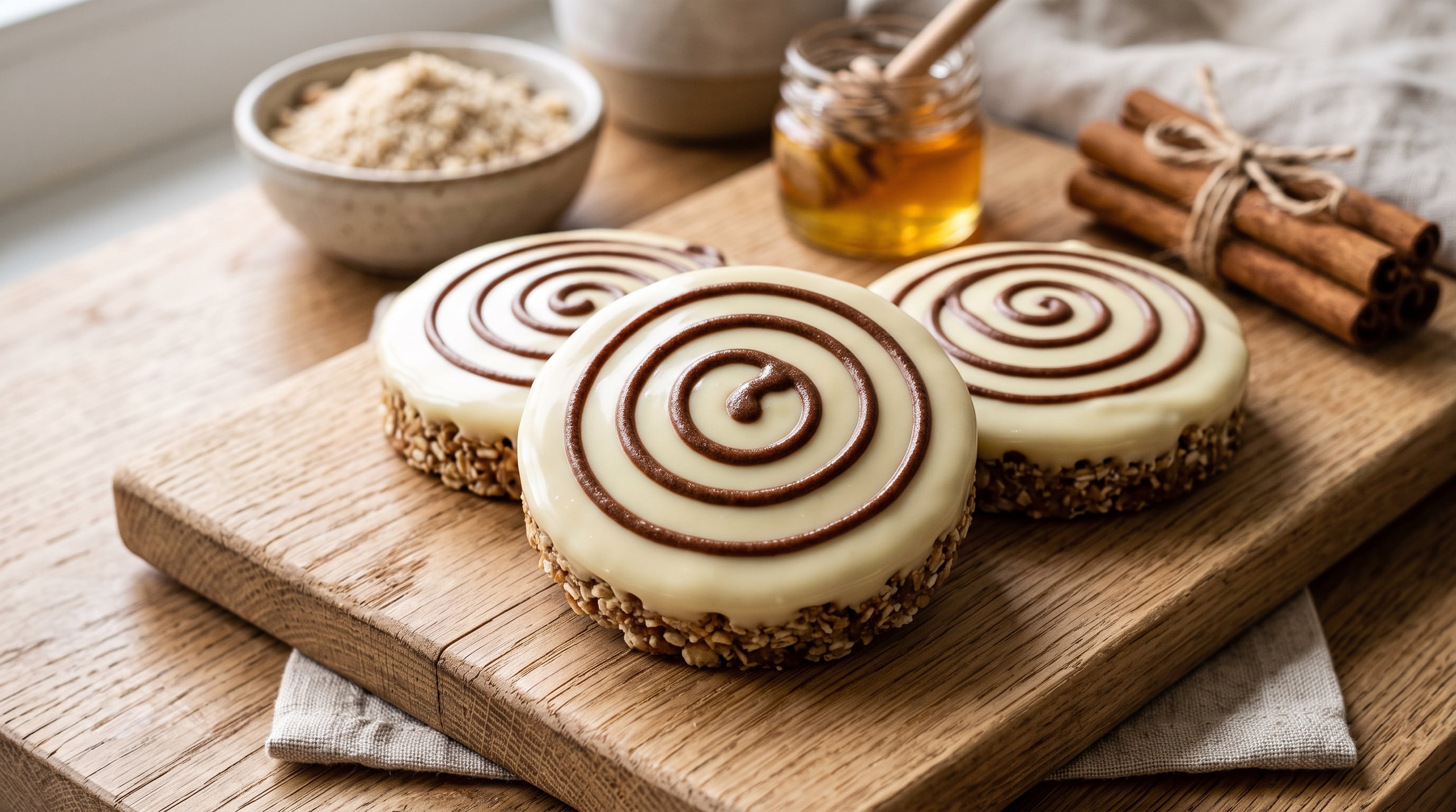 Tres bocados de avena y almendra reposan sobre una tabla de madera junto a un frasco de miel y ramas de canela. (Imagen Ilustrativa Infobae)