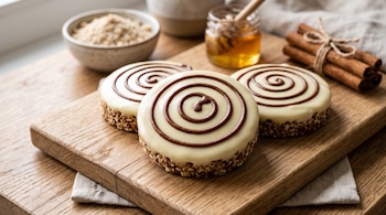 Tres galletas redondas sobre una tabla de madera, con un frasco de miel, un tazón con harina y ramas de canela en el fondo.