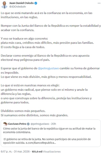 Juan Daniel Oviedo: “La división y la falta de confianza encarecen la vida de todos los colombianos” - crédito @JDOviedoAr/X