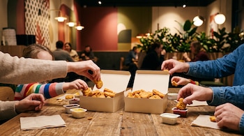 Manos de adultos y niños toman nuggets de pollo de dos cajas de cartón abiertas sobre una mesa de madera con recipientes de salsa.