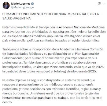 Captura de pantalla de una publicación en redes sociales de Mario Lugones con un texto de cuatro párrafos sobre salud en Argentina