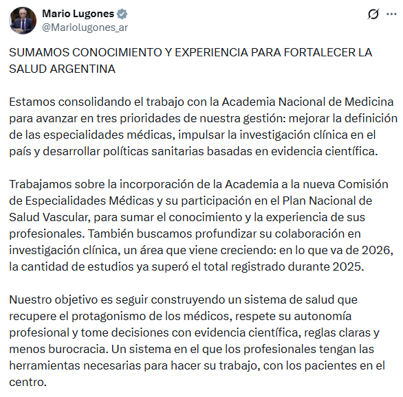 El ministro de Salud Mario Lugones y el titular de la Academia Nacional de Medicina Jorge Neira acordaron una agenda de cooperación institucional. (X)