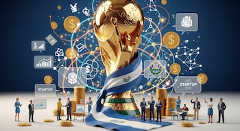Copa Mundial dorada con la bandera de El Salvador. Miniaturas de emprendedores con gráficos y conexiones. Dólares y símbolos de startups flotan en fondo azul.