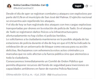 La gobernadora Nubia Carolina Córdoba-Curi convocará un Comité de Orden Público ante ataque con explosivos en Tadó - crédito @NubiaCarolinaCC/X
