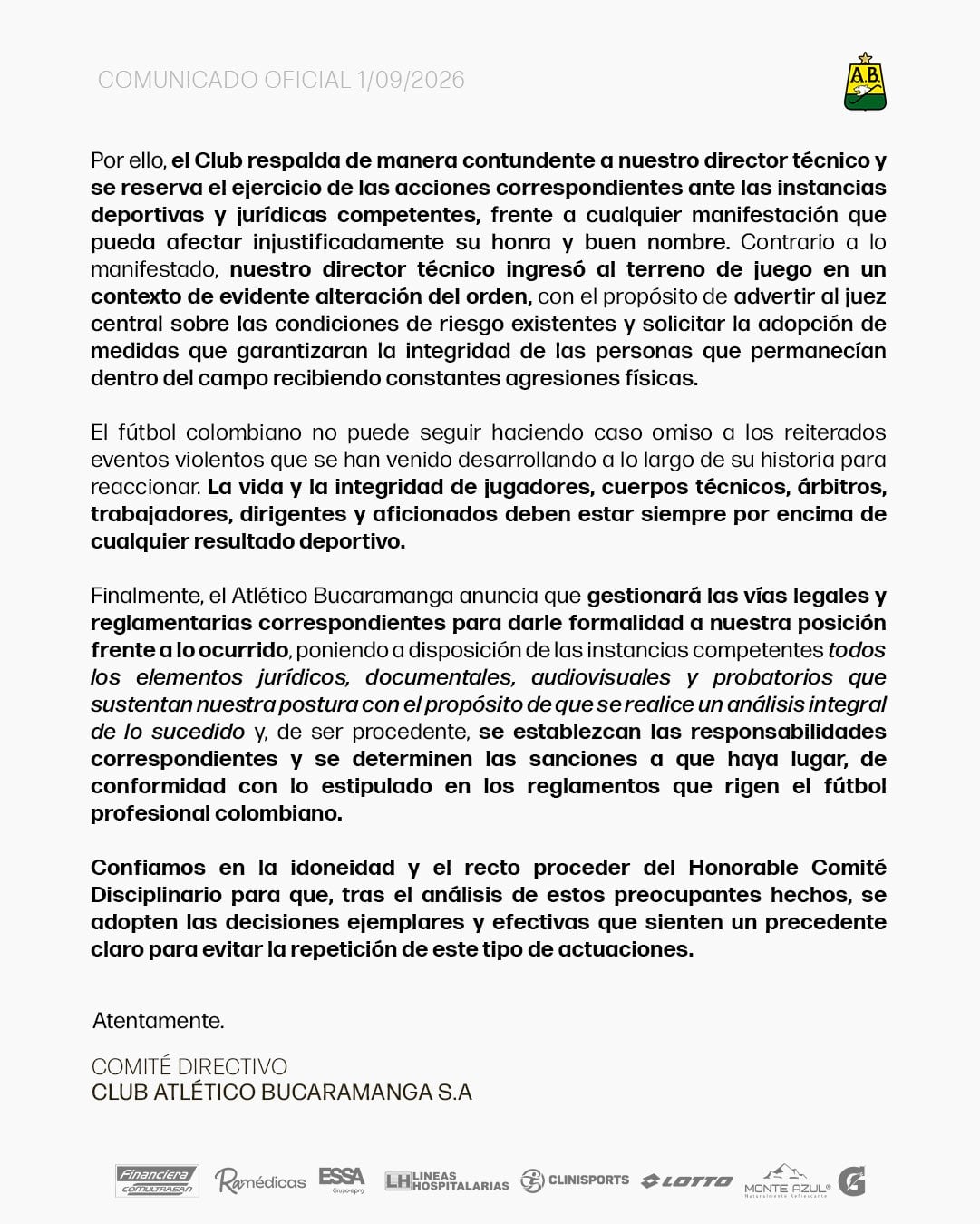 La institución sostuvo que la presencia de hinchas en la cancha, los desmanes y la intervención de la Policía y del personal logístico hacían inviable seguir el partido.-crédito @ABucaramanga/X