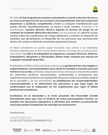 La institución sostuvo que la presencia de hinchas en la cancha, los desmanes y la intervención de la Policía y del personal logístico hacían inviable seguir el partido.-crédito @ABucaramanga/X