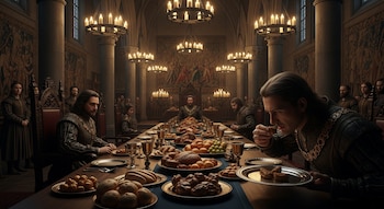Gran salón medieval con candelabros, larga mesa repleta de platos de comida. Hombres y mujeres con vestimenta de época, uno de ellos prueba un bocado de comida.