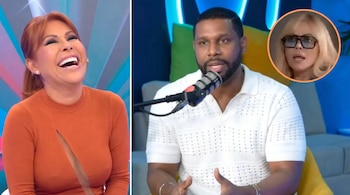 Magaly Medina con blusa naranja riendo a la izquierda, Edson Dávila, ‘Giselo’, hablando en un podcast a la derecha, y Gisela Valcárcel en un círculo naranja.