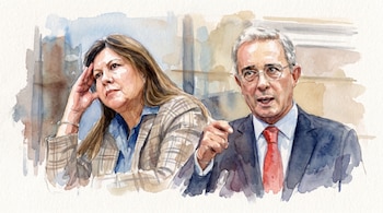 Ilustración en acuarela de Luz Adriana Camargo con blazer a cuadros y Álvaro Uribe Vélez